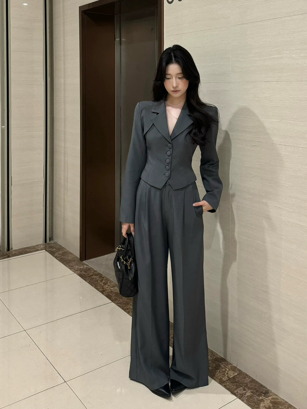 PANPANSTUDIO Workplace Commuter Wide Leg Pants Neck Suit Set