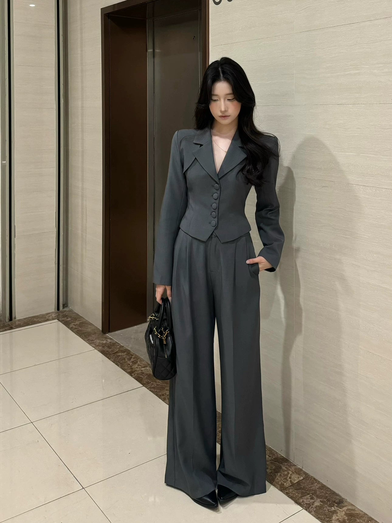 PANPANSTUDIO Workplace Commuter Wide Leg Pants Neck Suit Set