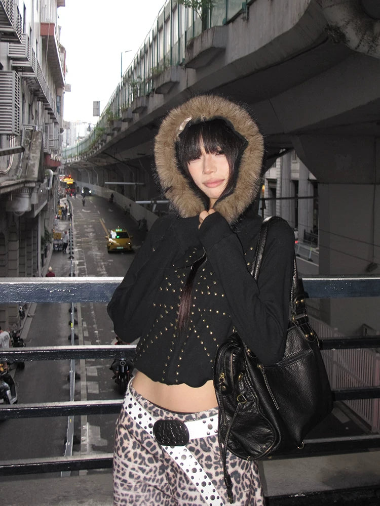 EAHO Fur Collar Rice Rivet Hooded Sweater