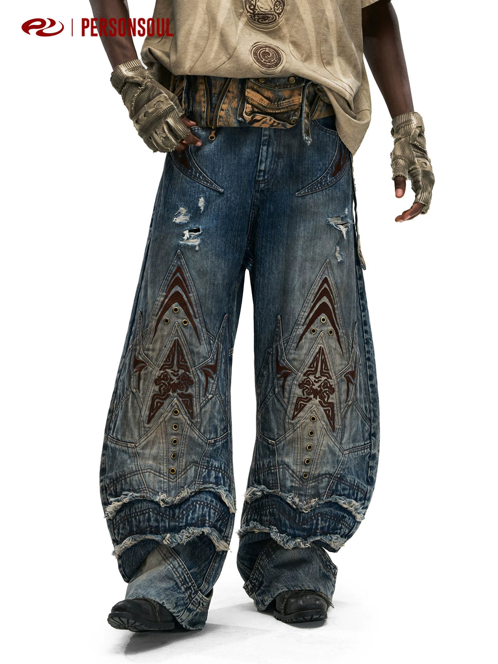 PERSONSOUL Vintage Totem Embroidered Jeans
