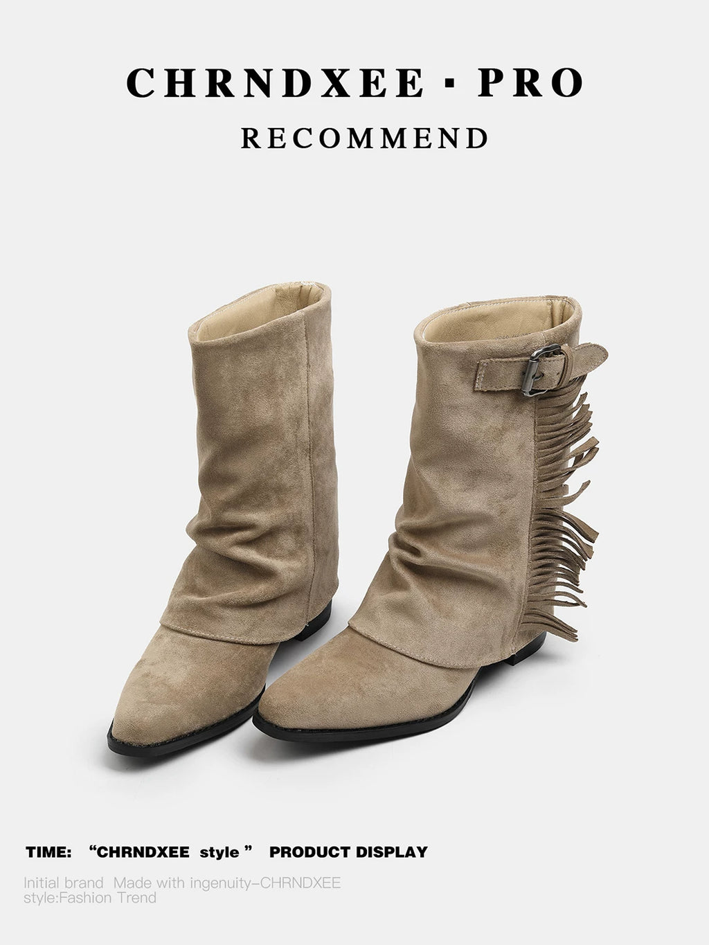 CHRNDXEE Suede Belt Buckle Fringed Western Cowboy Boots