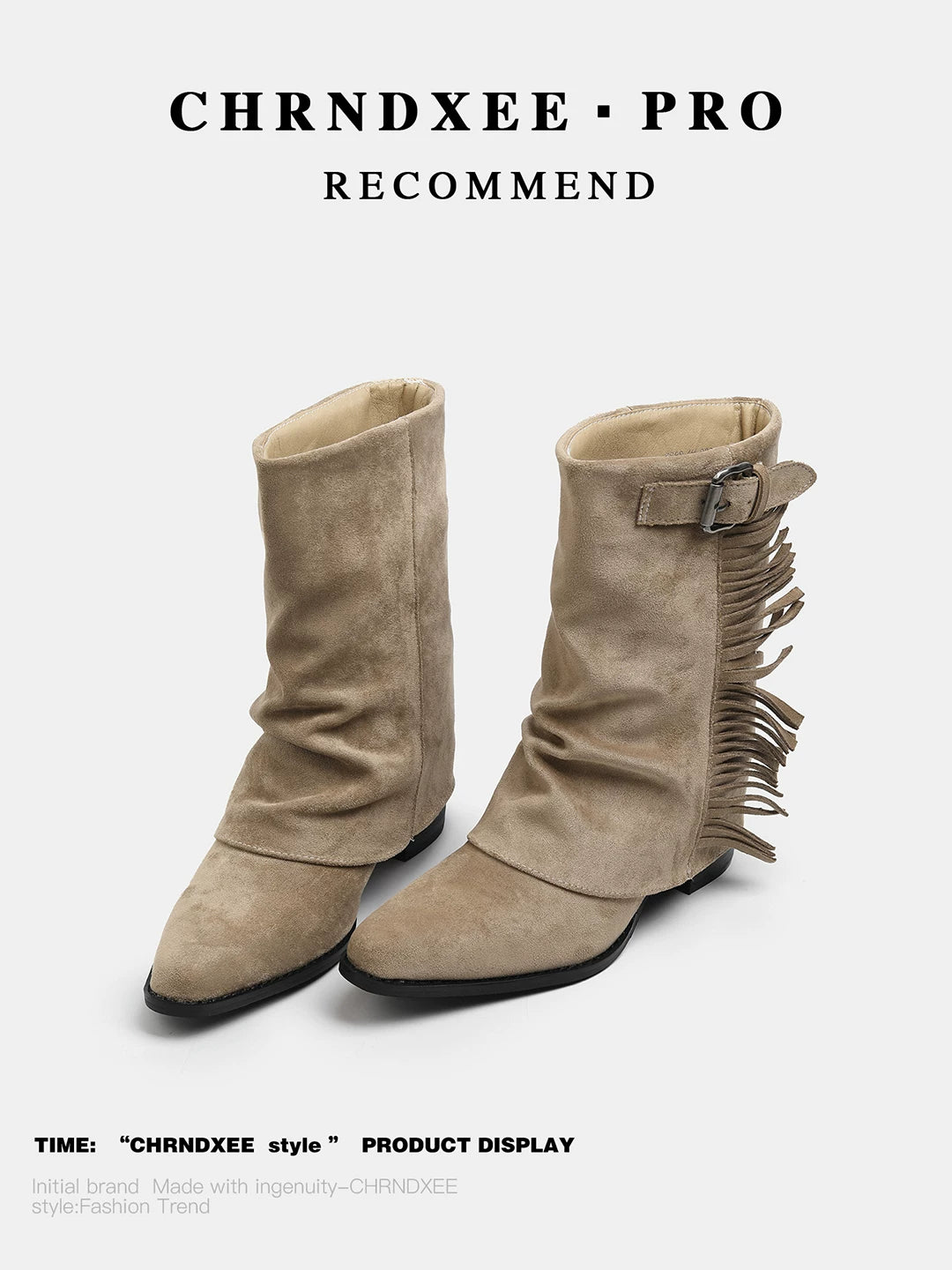 CHRNDXEE Suede Belt Buckle Fringed Western Cowboy Boots