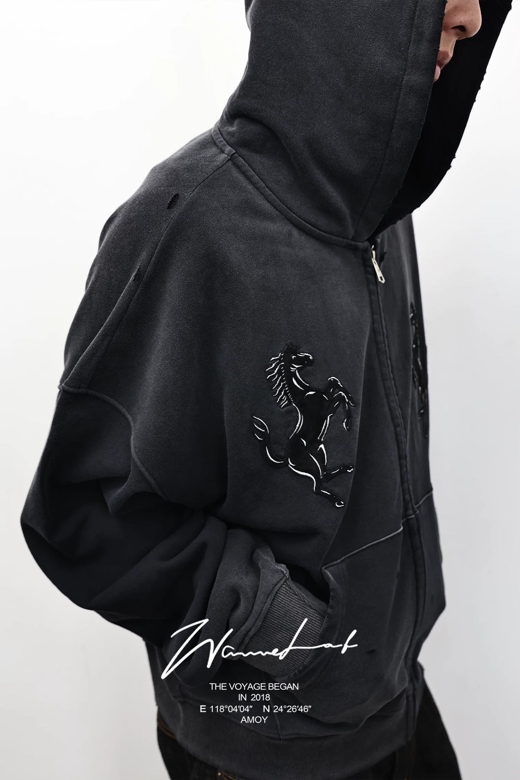 WANNA LAB Cloth-embroidered Zip-up Hooded Sweater