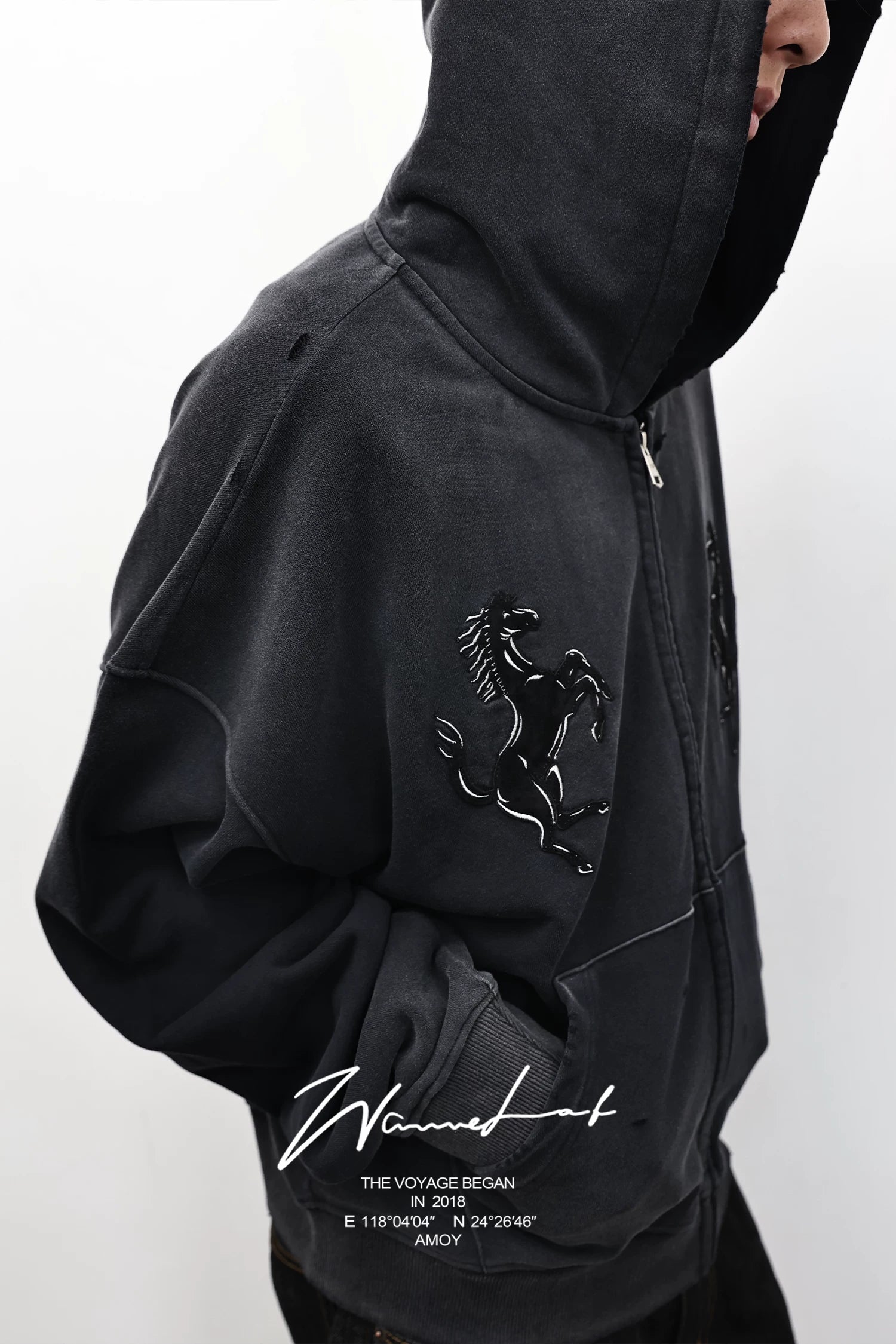 WANNA LAB Cloth-embroidered Zip-up Hooded Sweater