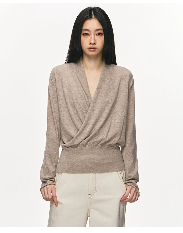 Anna Aneae Pleated V-neck Cross Loose Long Sleeve Knit