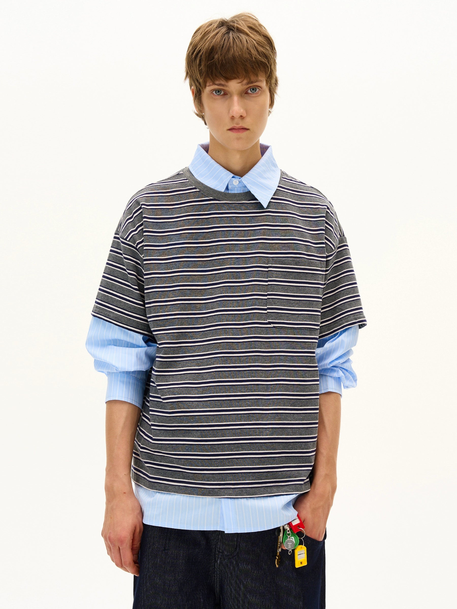 MADWITCH Fake Two-piece Splicing Striped Shirt Collar Long Sleeve