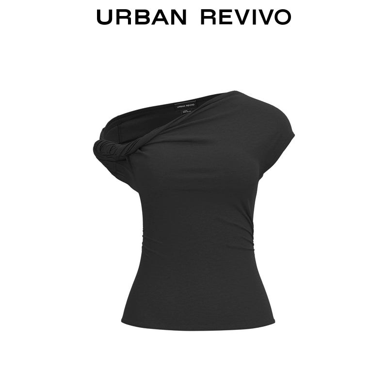 URBAN REVIVO Temperament Versatile Slanted Shoulder Collar Pleated Waist Tee