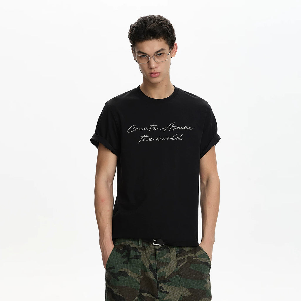 A PUEE Vintage Premium Letter Hot Diamond Shoulder Tee