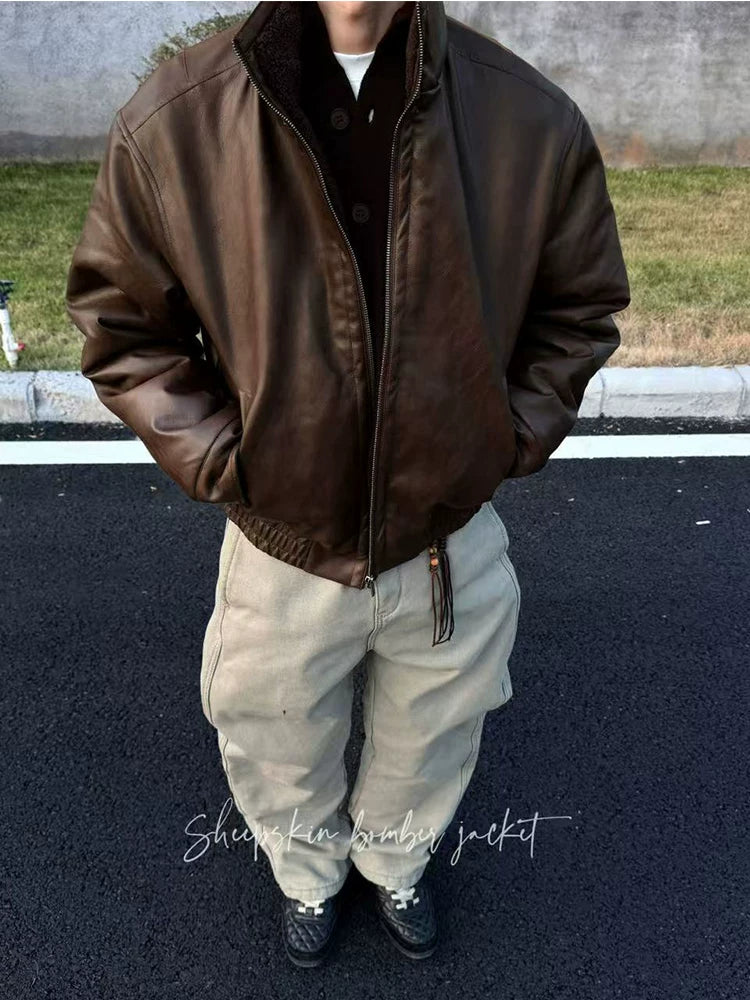 ZOZOFOREST Fleece Inner Bomber Leather Jacket