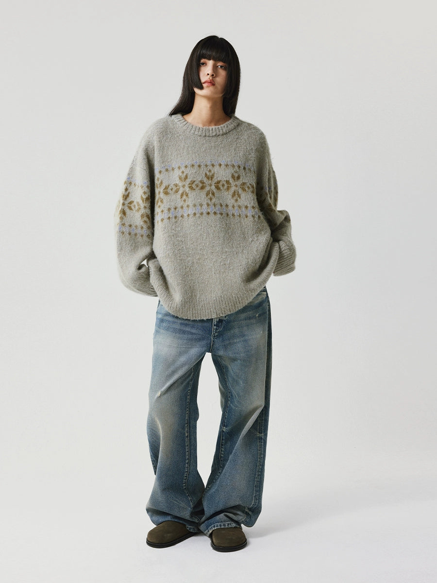 LIMPIDOCULUS Rhombus Totem Loose Jacquard Crew Neck Sweater