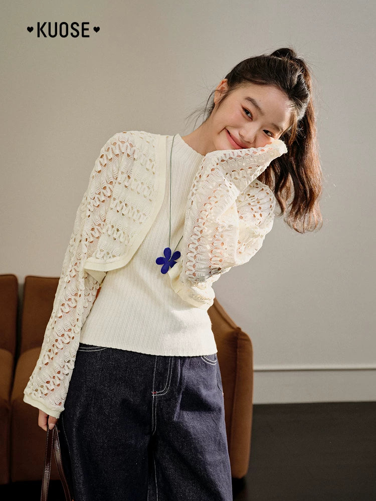 Kuose Lace Hollow Blouse Suspender Knitted Set