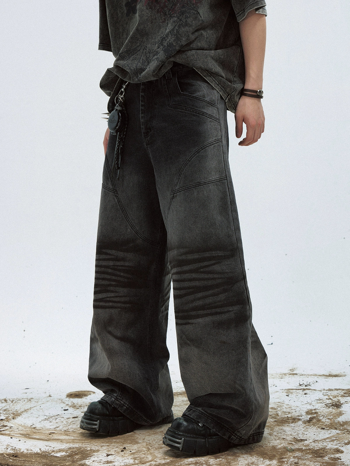 PEOPLESTYLE Vintage Pleated Washed Old Straight Jeans