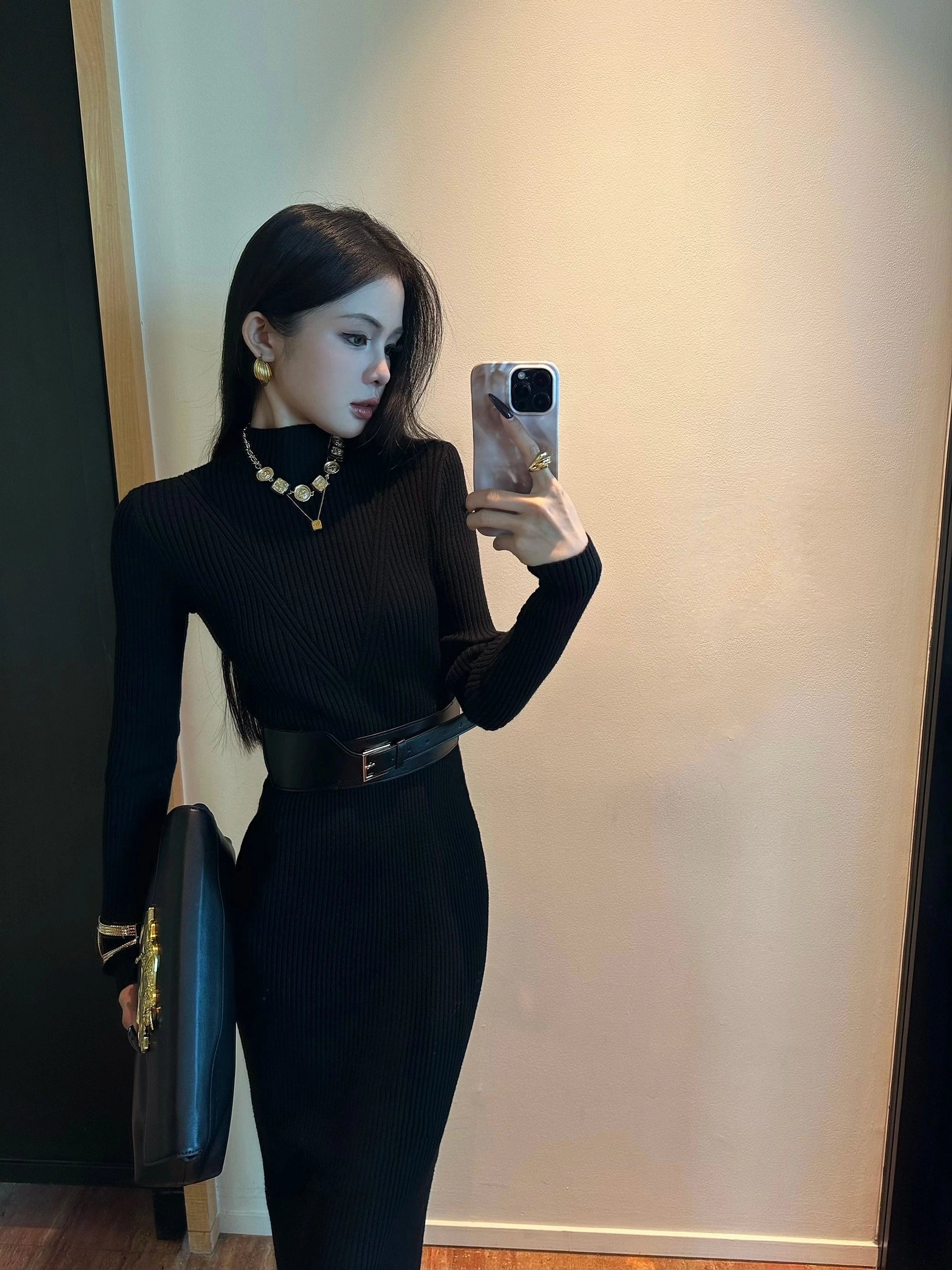 CHUYUQI Waist-knitted Semi-turtleneck Dress