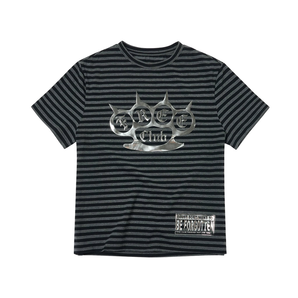 SAXGENWON Striped Three-dimensional Bright Silver Printed Front Shoulder Tee