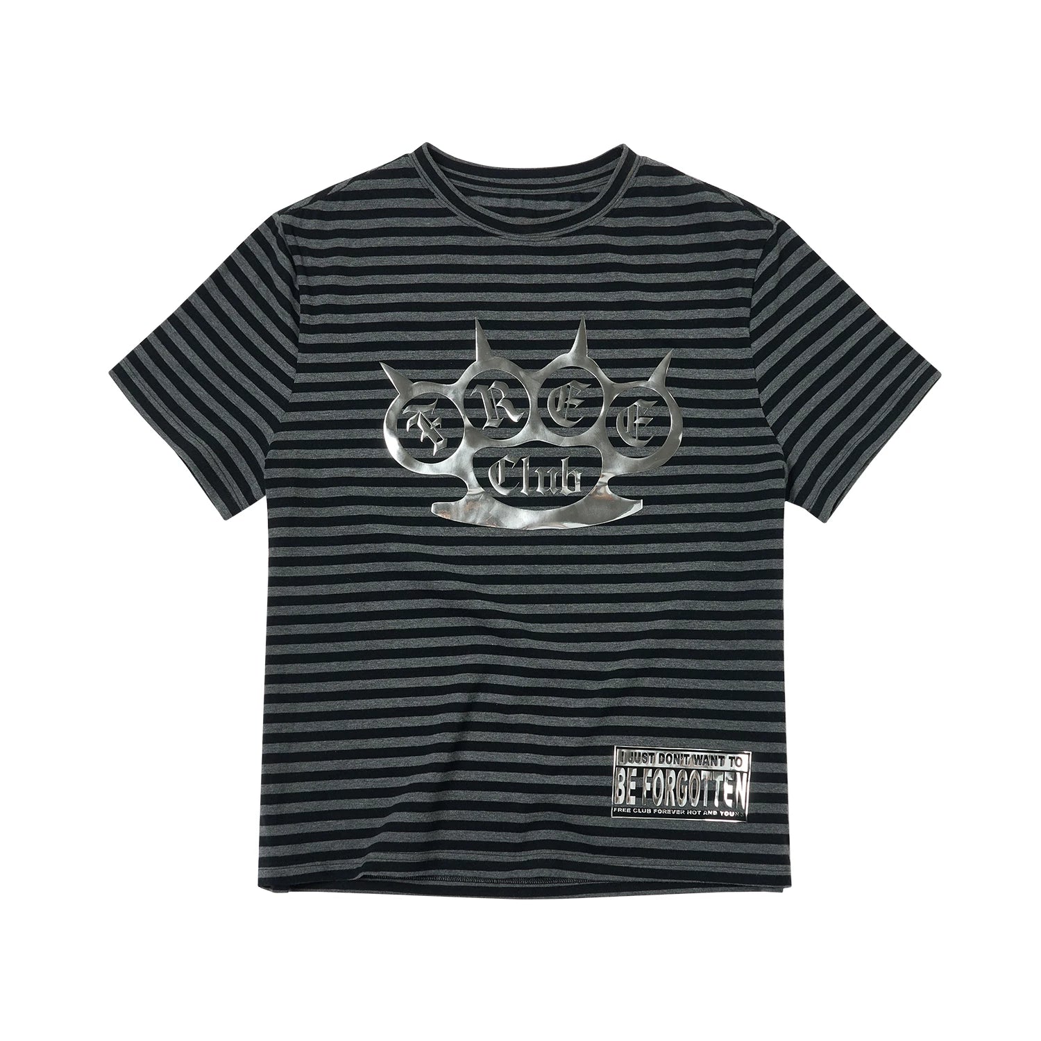 SAXGENWON Striped Three-dimensional Bright Silver Printed Front Shoulder Tee