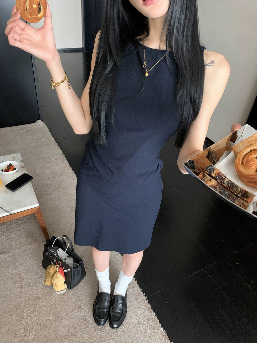 YOUNG KYLIN Pleated Slim Sleeveless Top High Waist Skirt Set