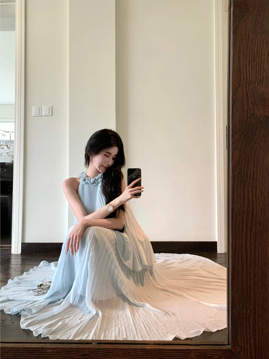 BarbChill Pleated Chiffon Neck Top Long Skirt Set
