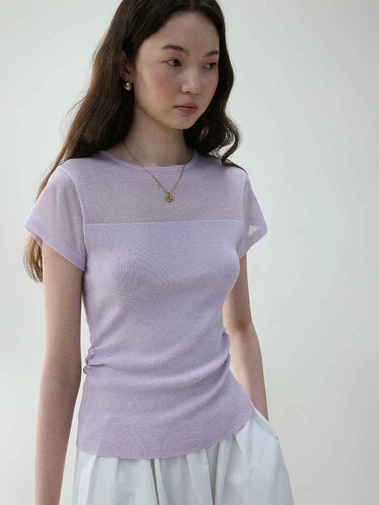 VOOE Mesh Splicing Semi-transparent Crew Neck Knitted Tee