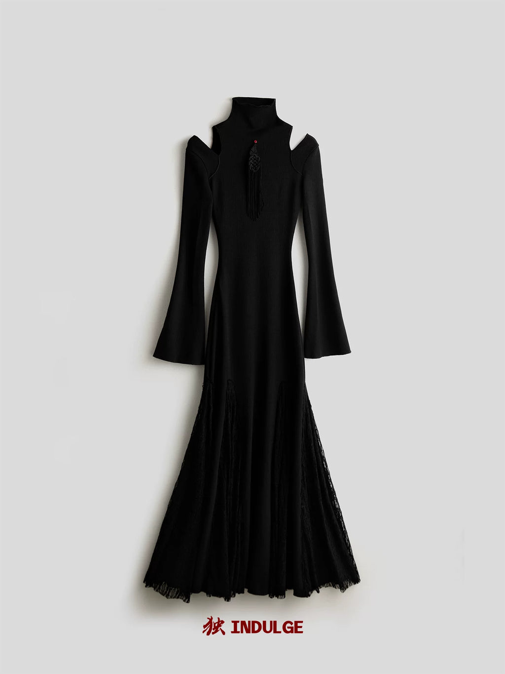 INDULGE Stand-up Collar Hollow Elastic Knitted Splicing Fishtail Slim-fit Dress