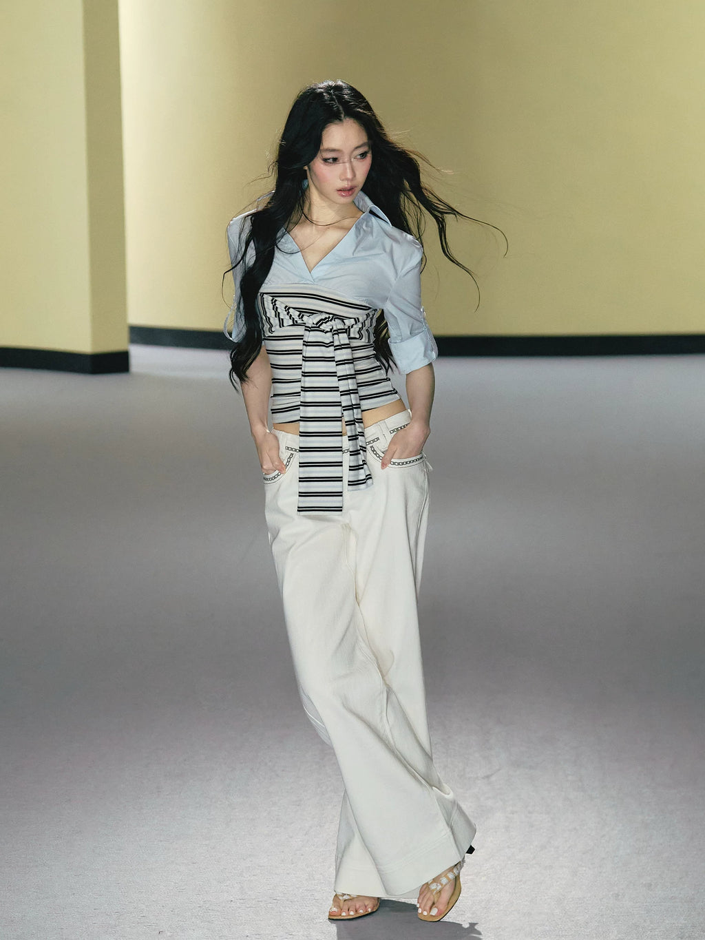 AGAM Fake Two-piece Stitched Striped Contrasting Strap Shirt
