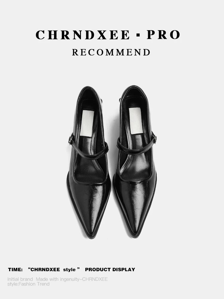 CHRNDXEE Vintage Pointed-toe Soft Leather Chunky Heel Shoes