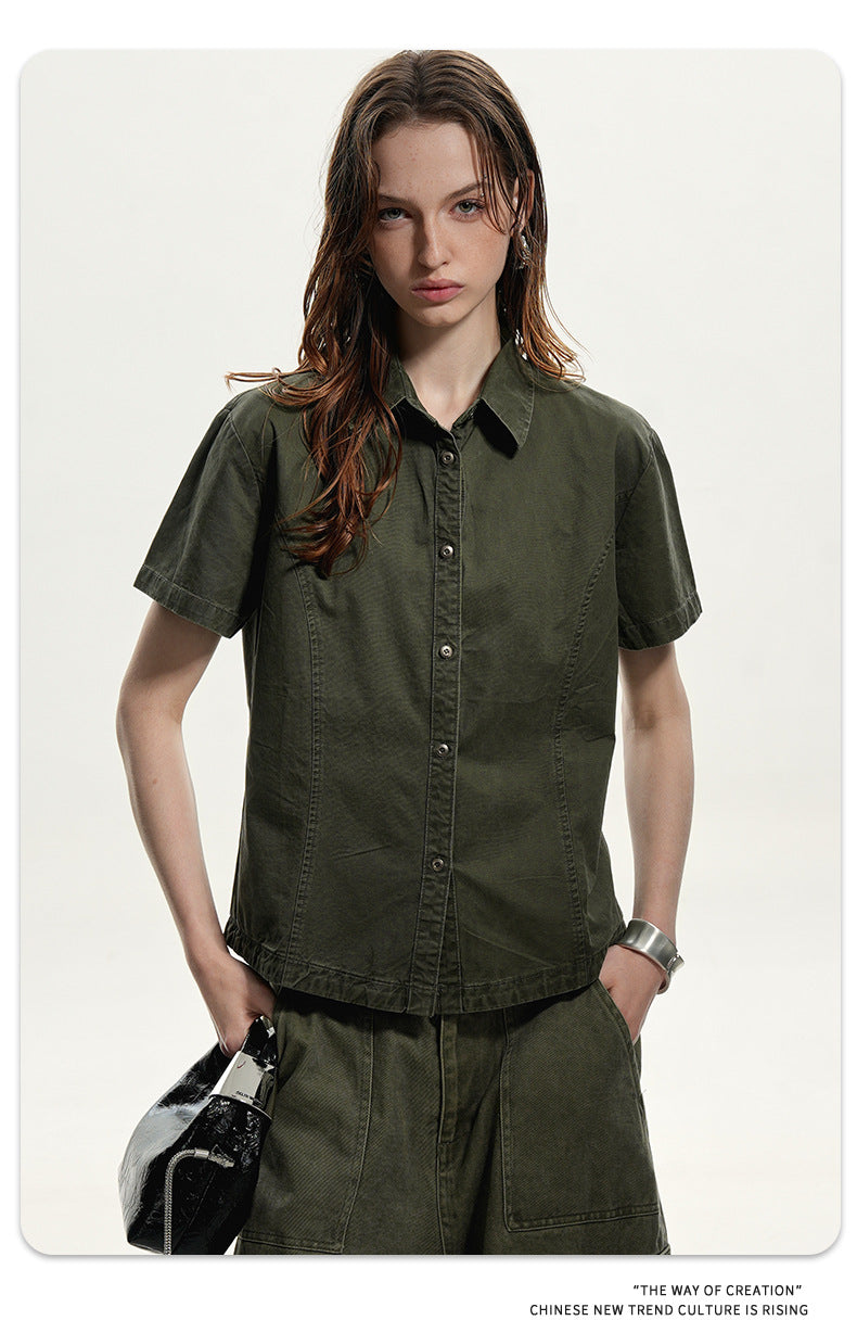 11KN Vintage Simple Loose Casual Lapel Shoulder Shirt