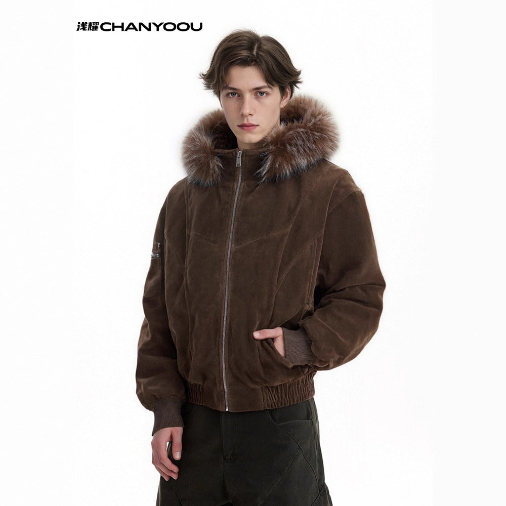 CHANYOOU Retro Seat Mountain Carving Deconstruction Fur Collar Hooded Cotton-padded Coat