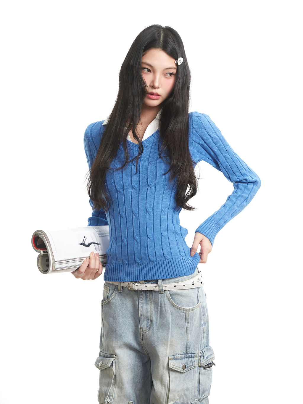 UNCMHISEX Fake Two-piece V-neck Slim-fitting and Thin Knitted Sweater