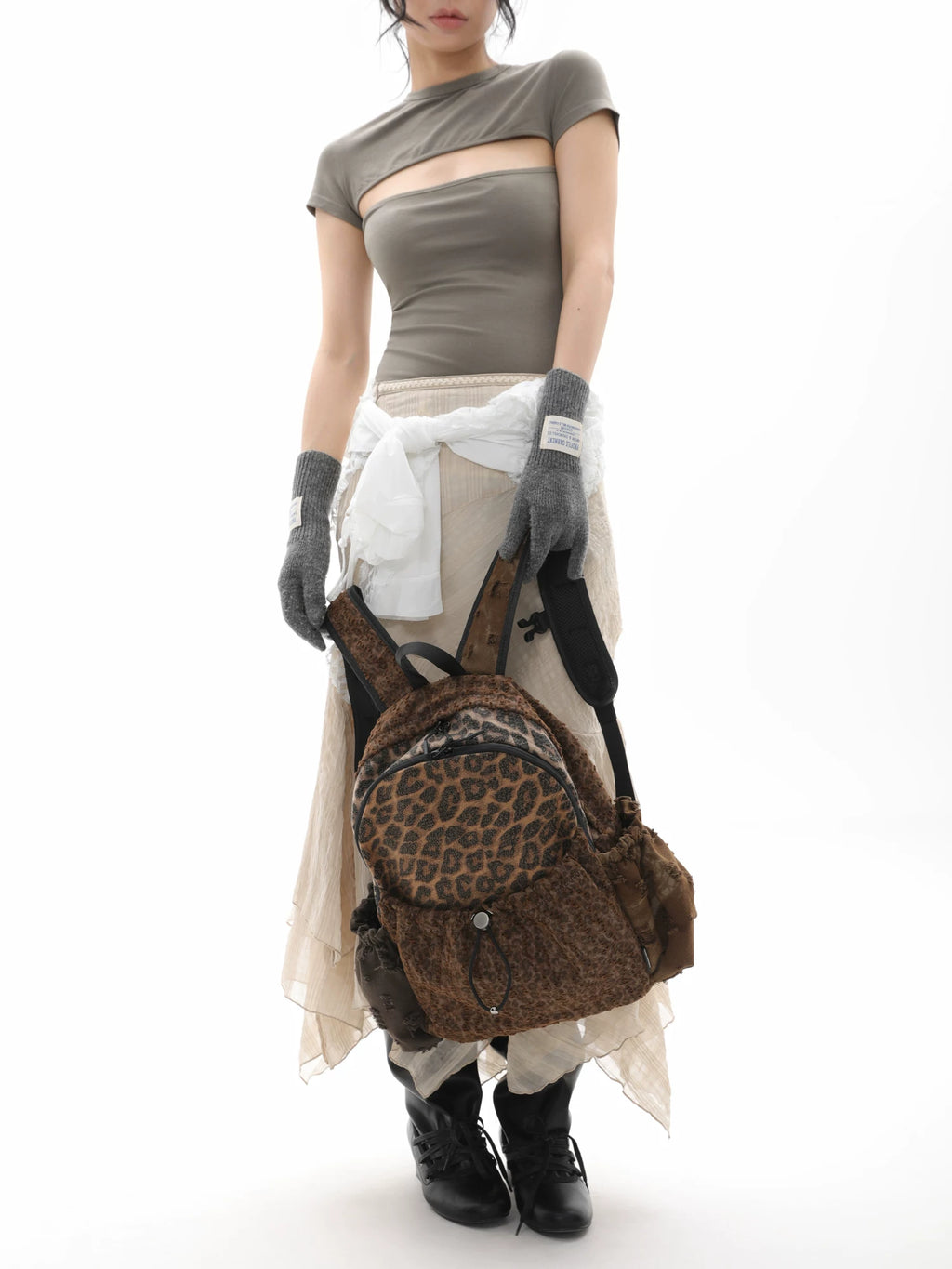 JANDRESS Stitching Leopard Print Pleated Drawstring Backpack