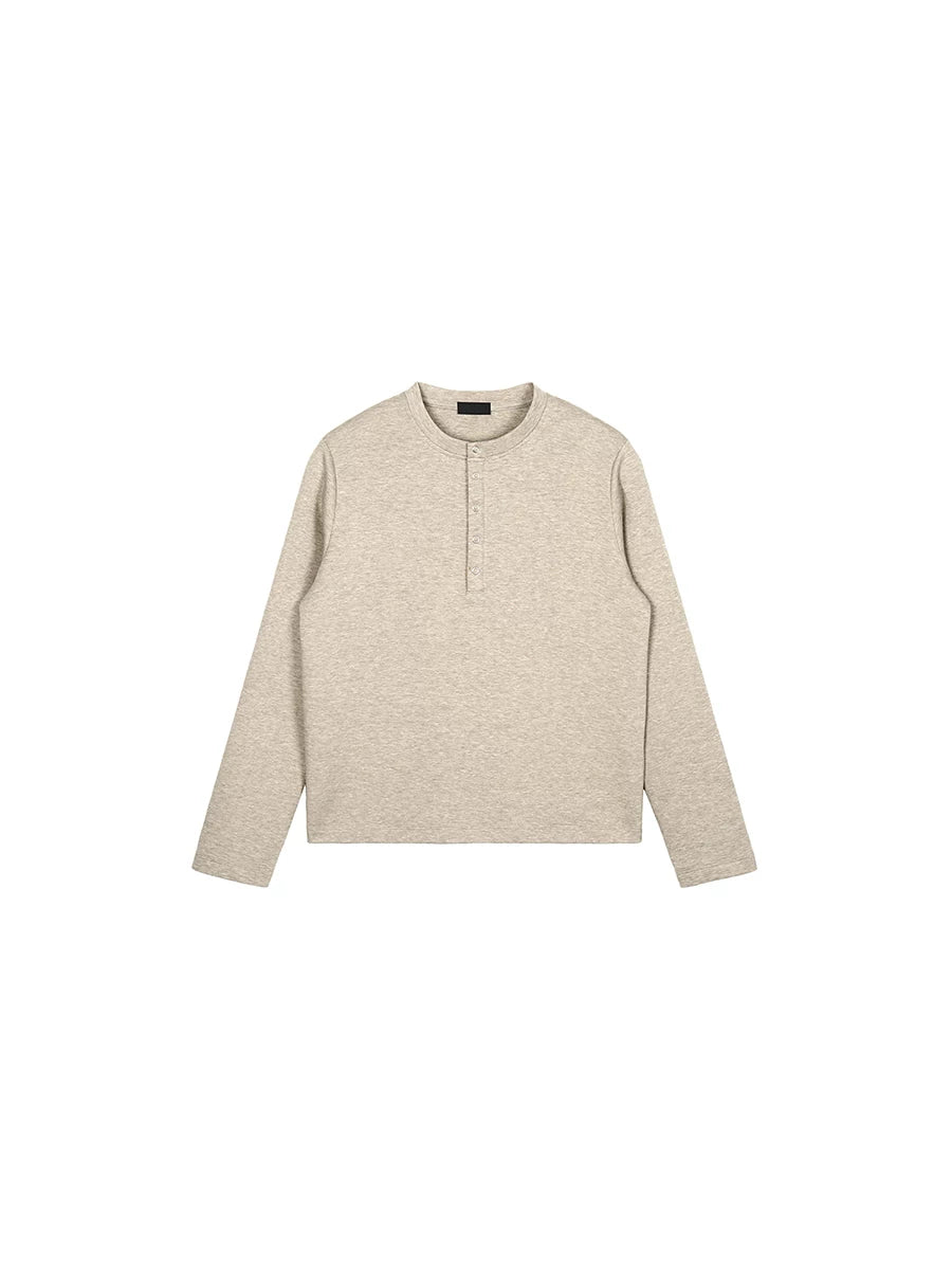 PLUS NO LOGO 370g Breathable Cloud Cotton Henley Long-Sleeve Tee