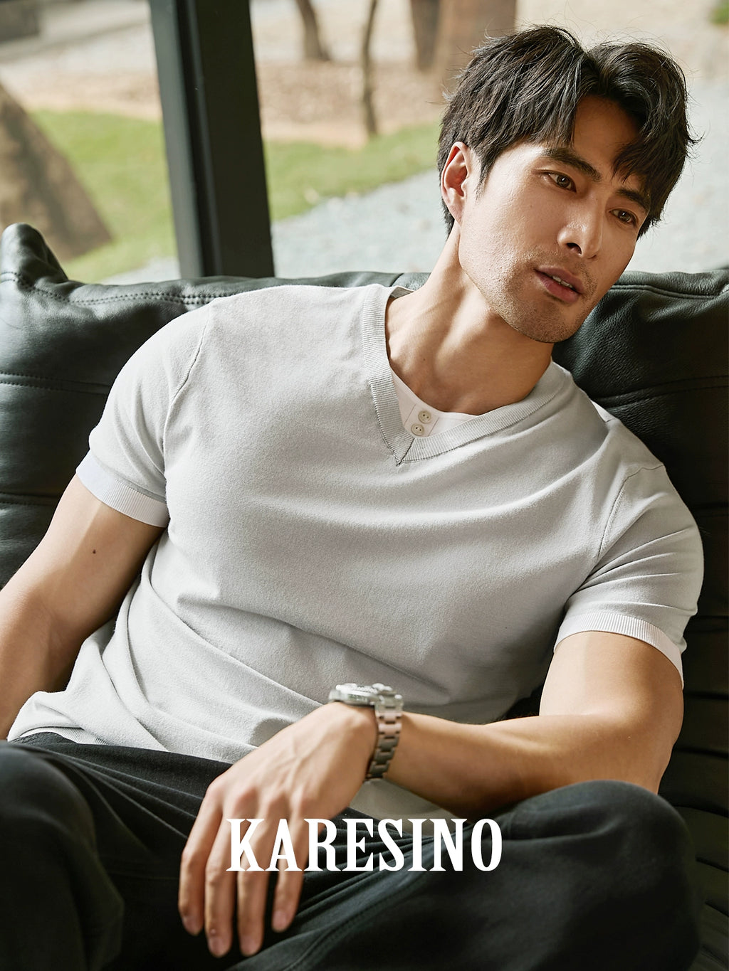 KARESINO Ice Silk Contrasting Color Splicing Knitted Polo Shirt