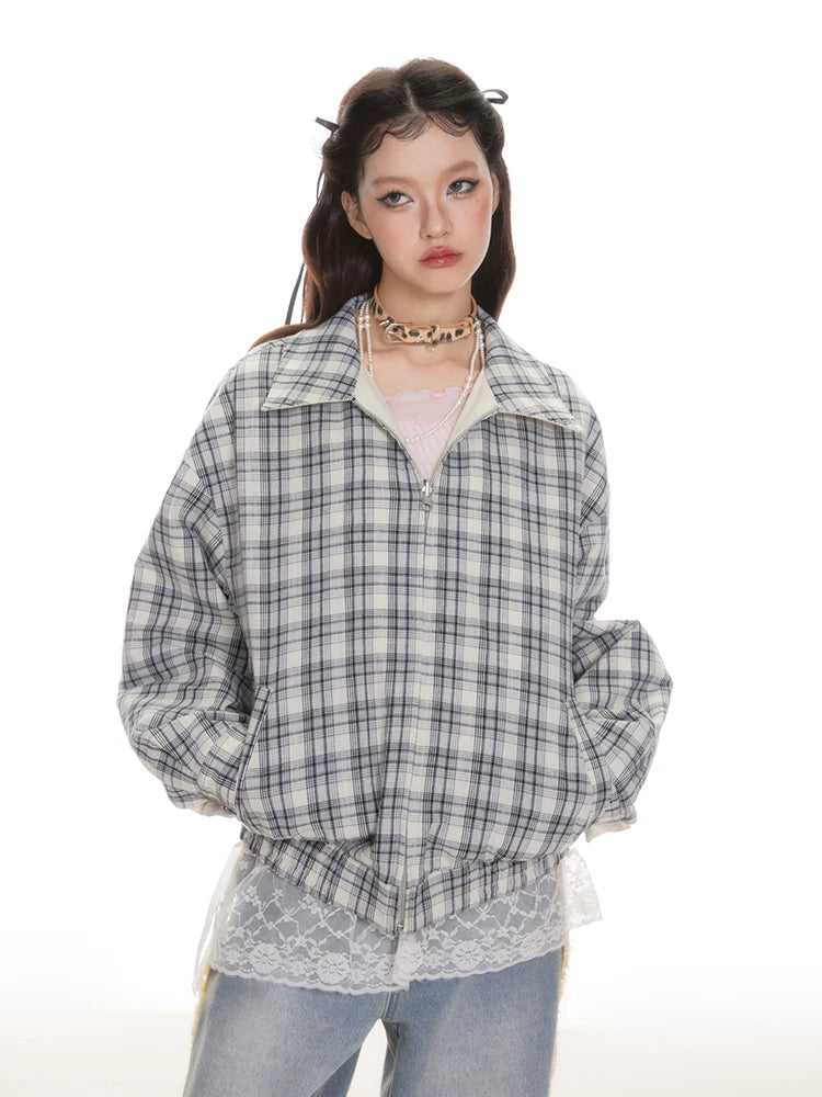 IMONE Vintage Plaid Double Sided Puppy Print Jacket