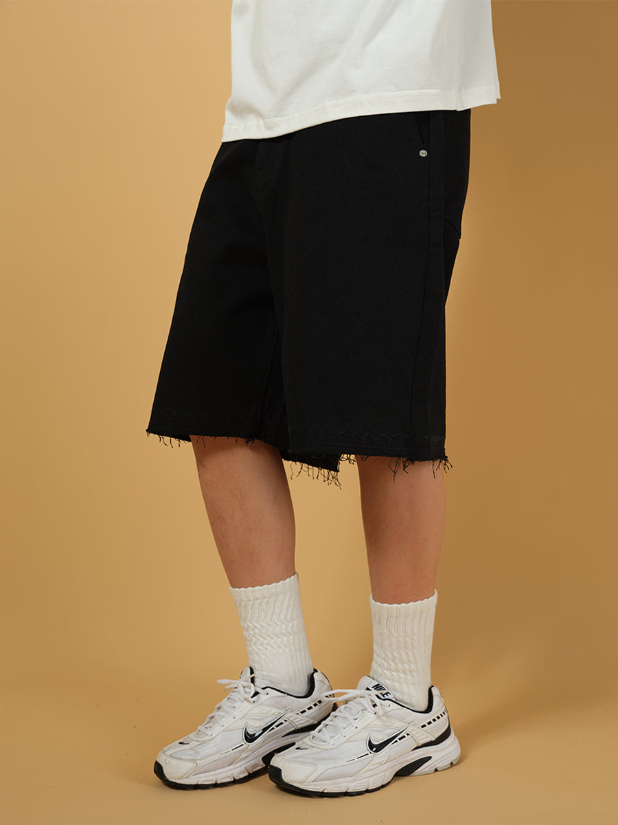 ComicTree washed black loose edge 7 points denim shorts