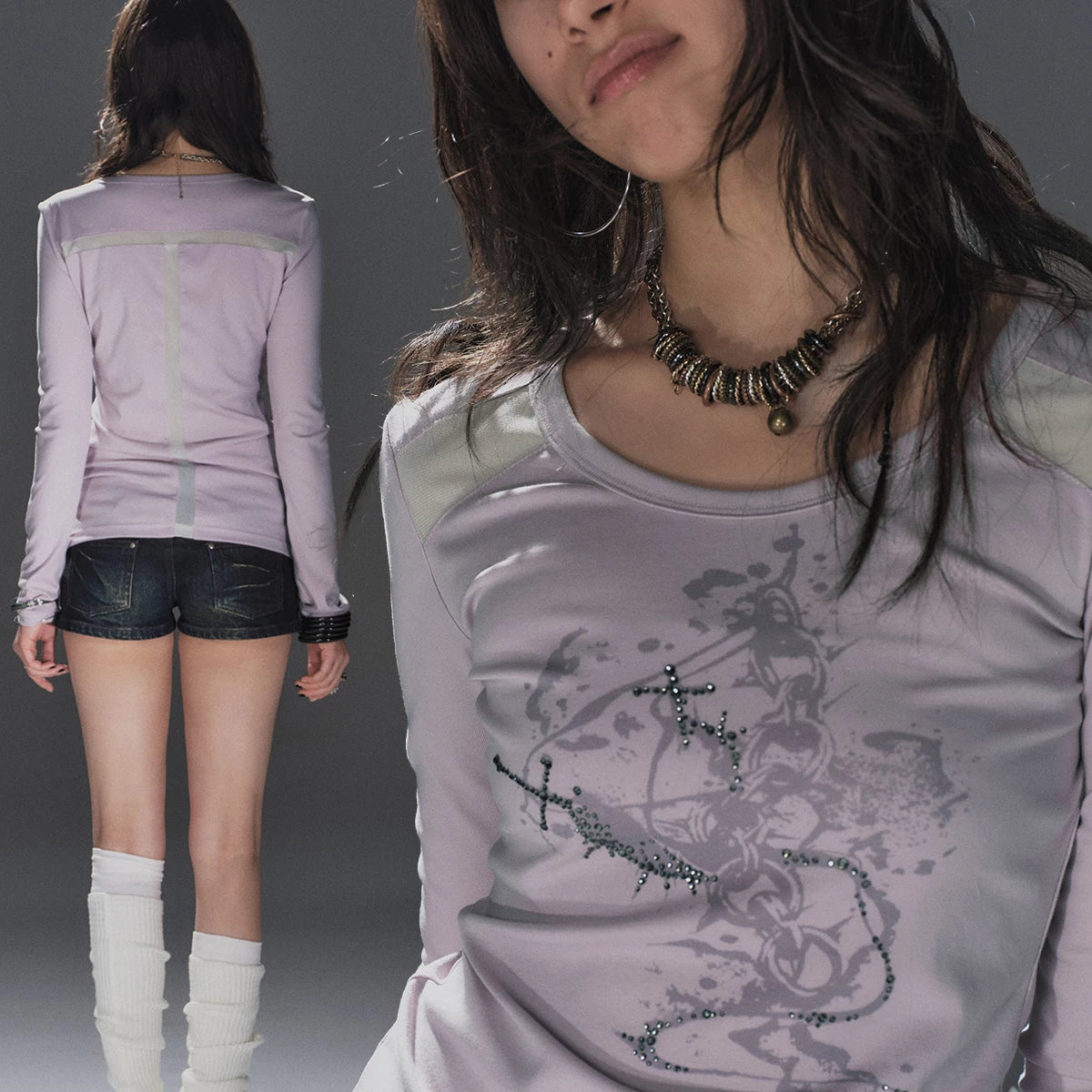 WearAndtear Mesh Stitching Round Neck Flash Diamond Slim Long Sleeve