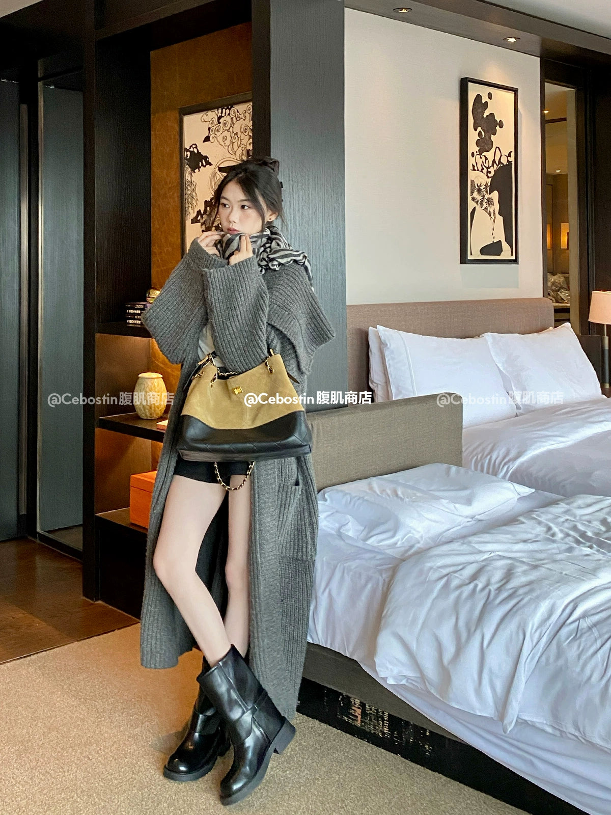 Cebostin Rhombus Splicing First Layer Cowhide Large Capacity Armpit Bag