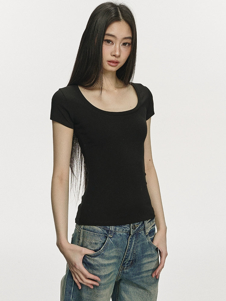 Anna Aneae Front Shoulder U Neck Slim Fit Simple Tee