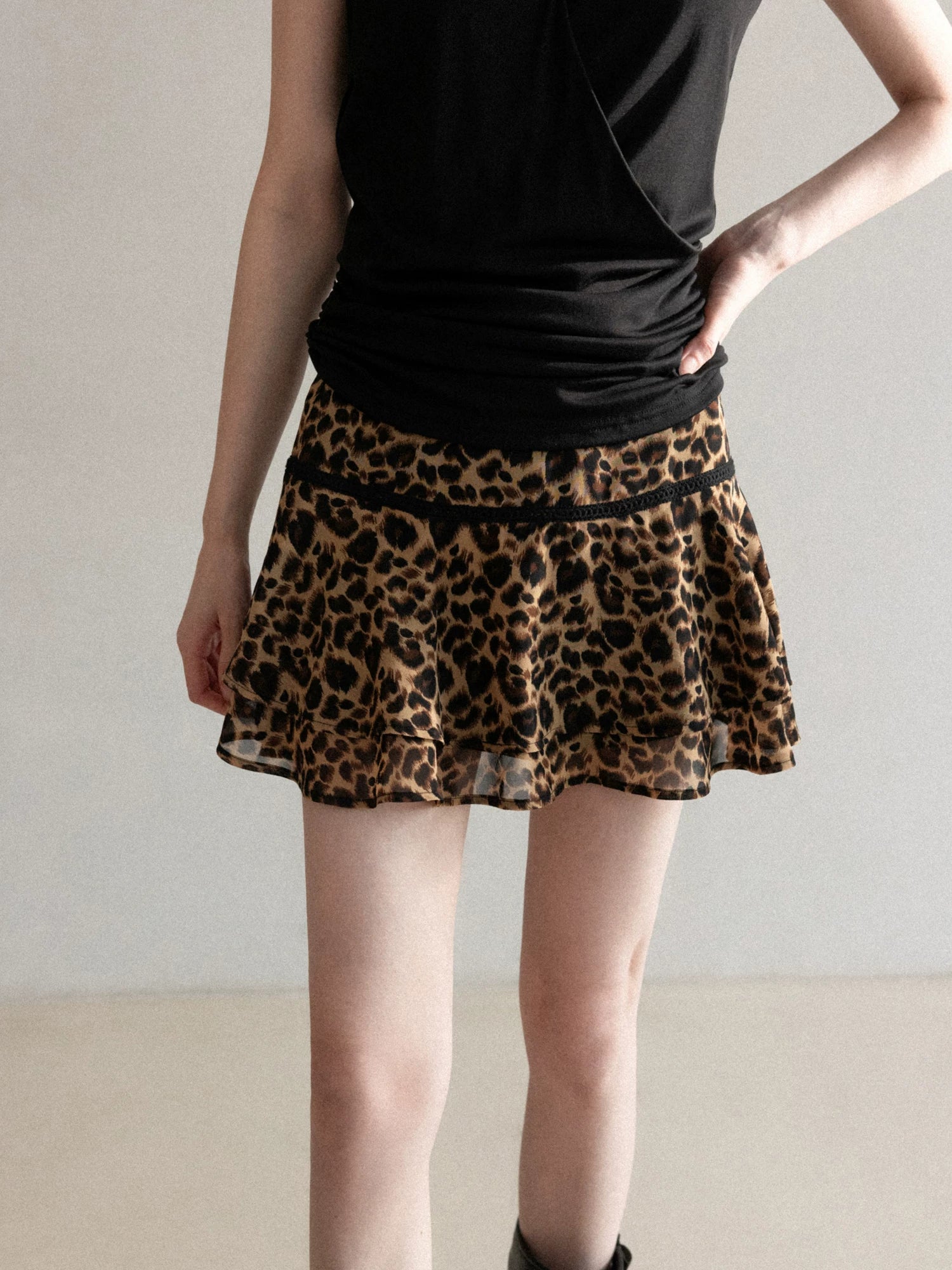 Cantonstory Lotus Leaf Edge Leopard Print High Waist Thin Skirt