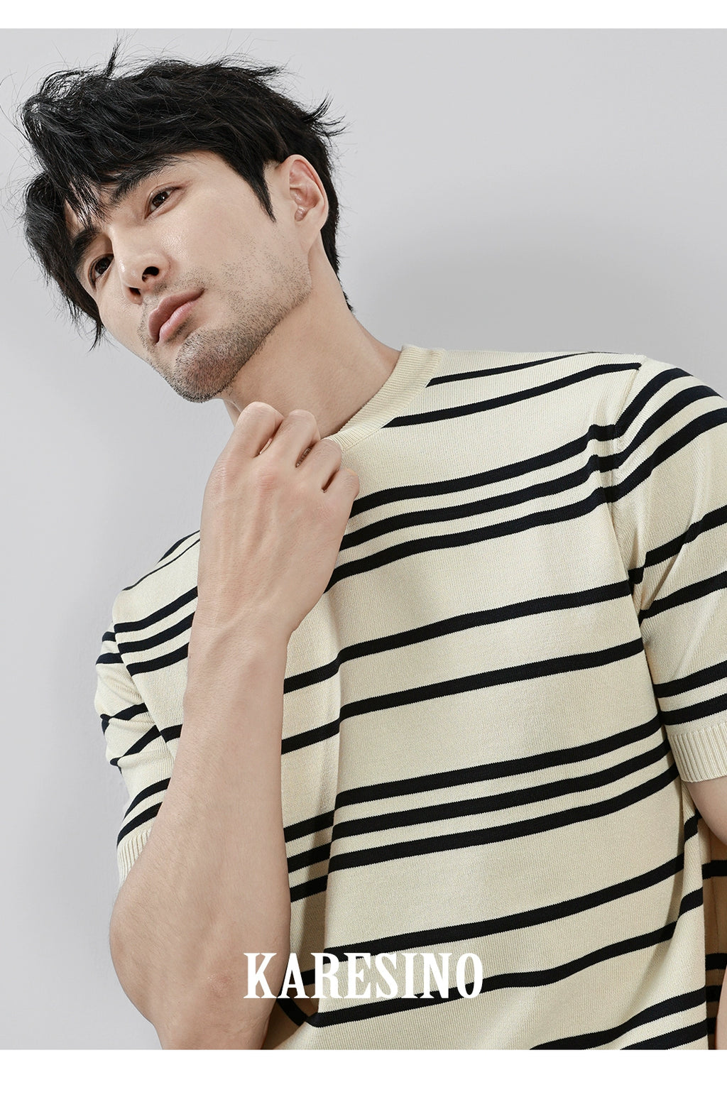 KARESINO Ice Silk Breathable, Striped Crew Neck Casual Tee