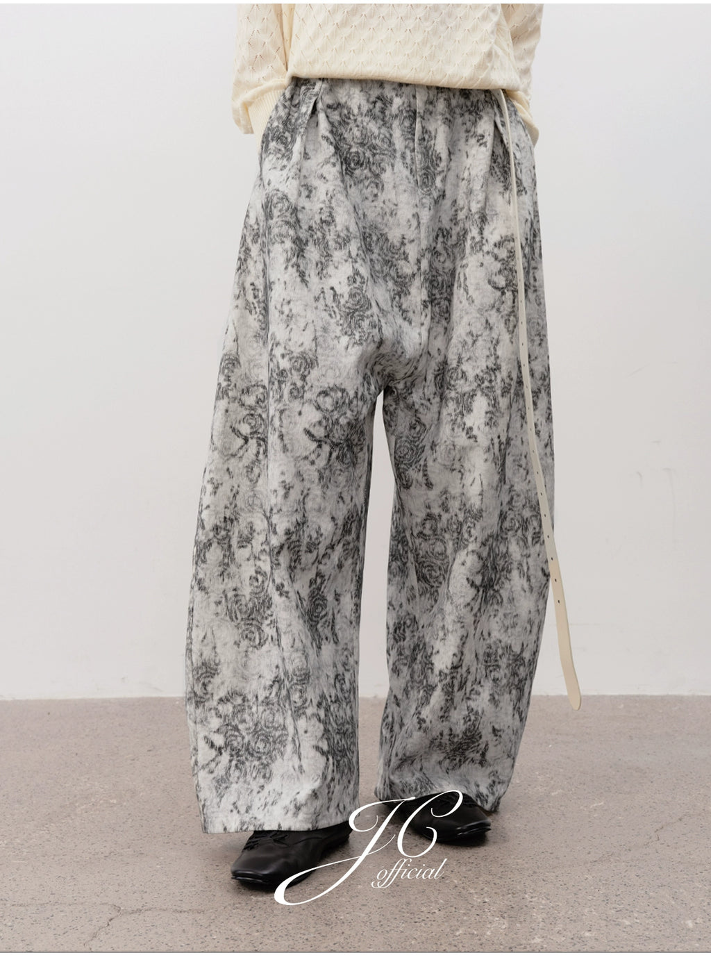 JCAESAR White Corrugated Jacquard Wide-leg Trousers