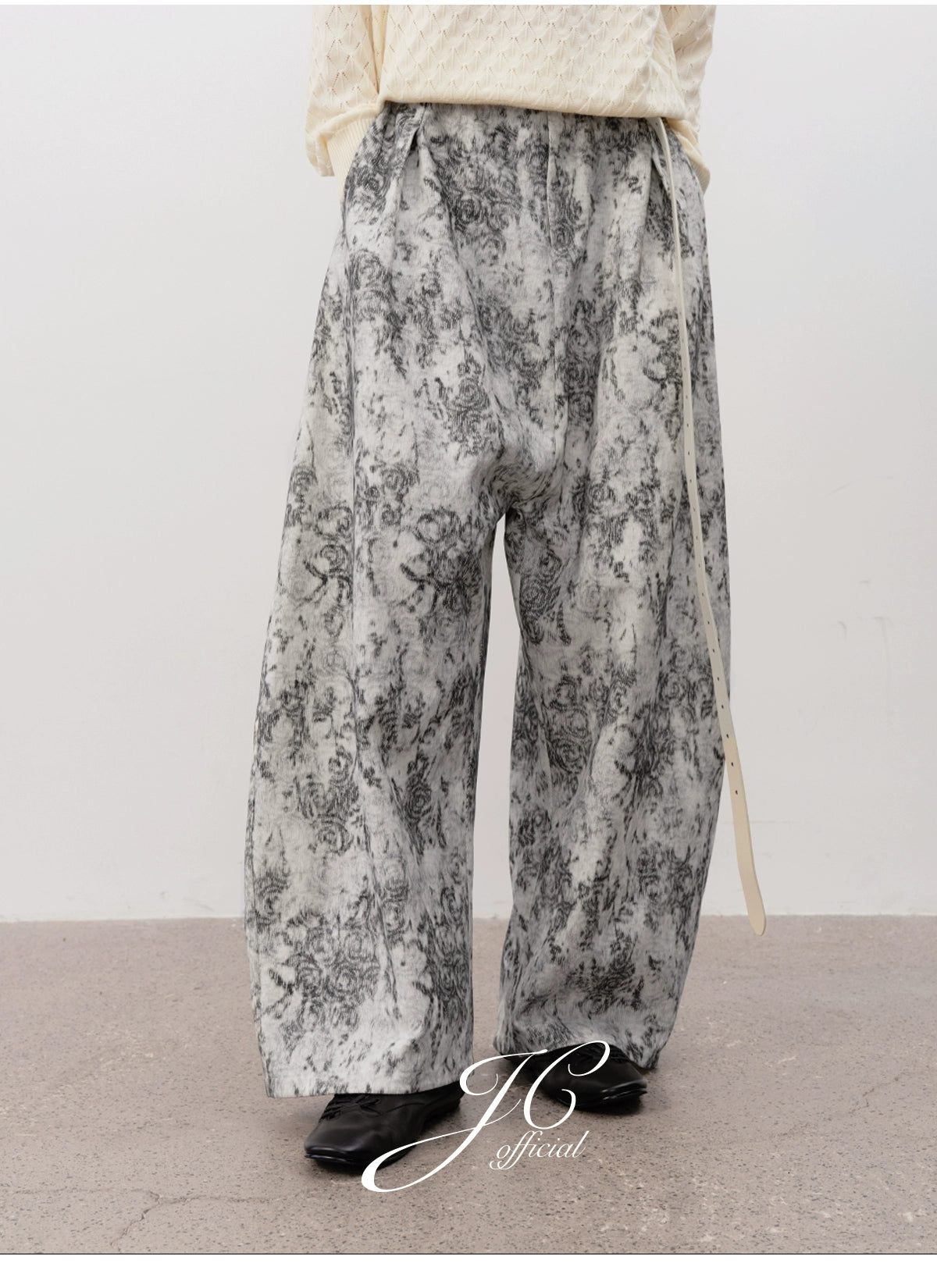 JCAESAR White Corrugated Jacquard Wide-leg Trousers