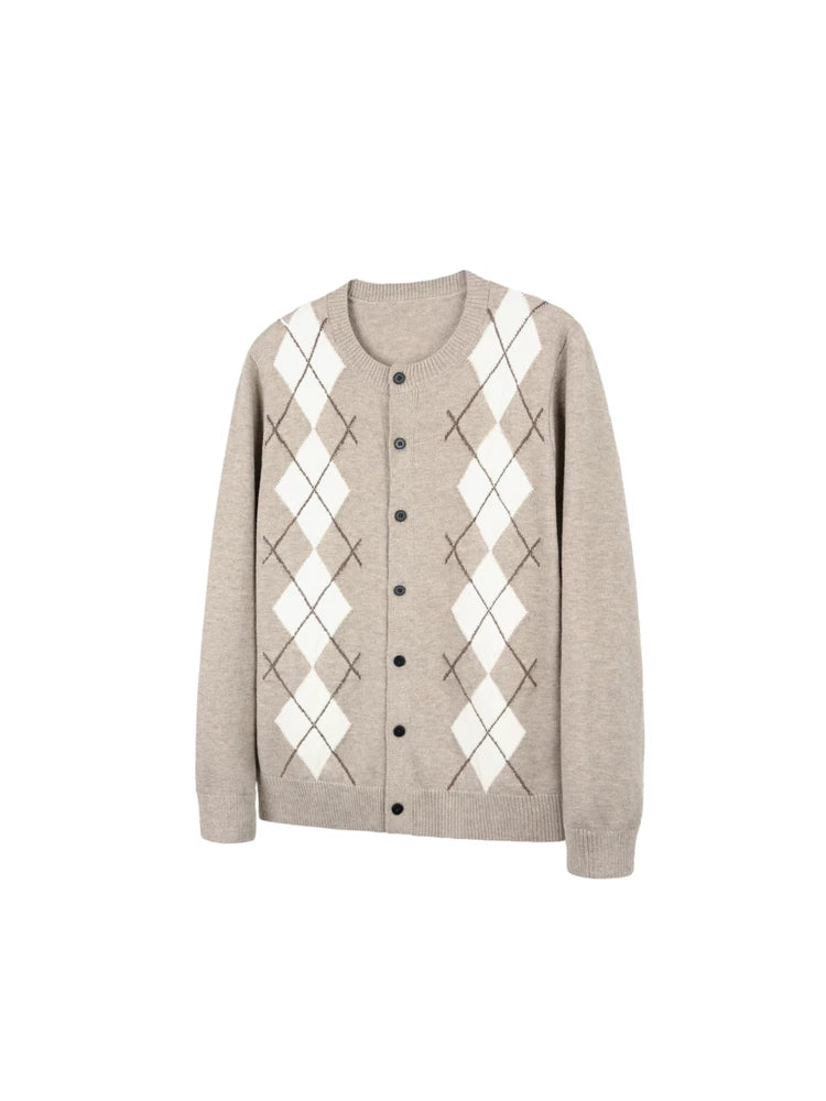 NewDecay Rhombus Knitted Button-down Long-sleeved Cardigan