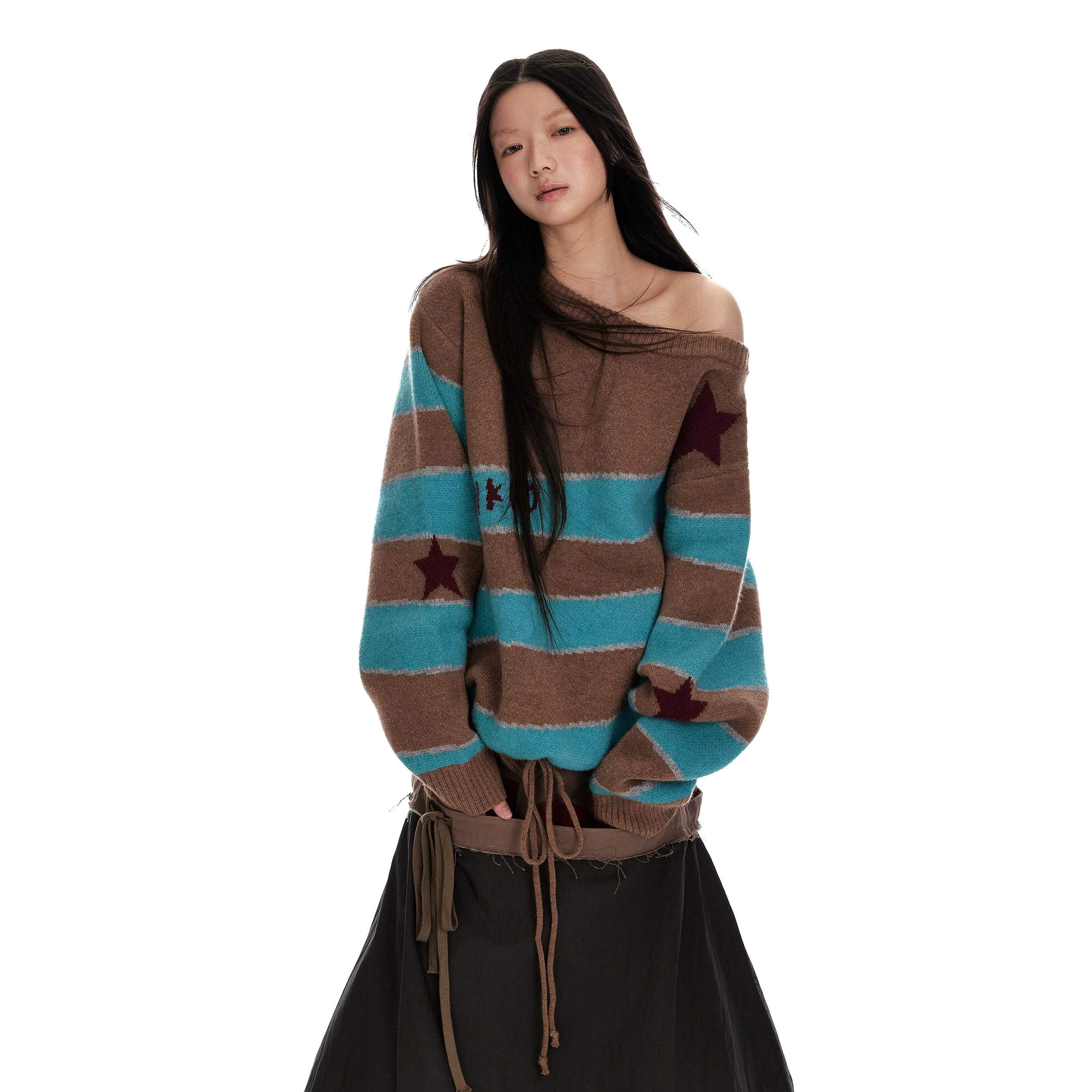 Jikoo Contrasting Color Splicing Jacquard Loose Striped Sweater