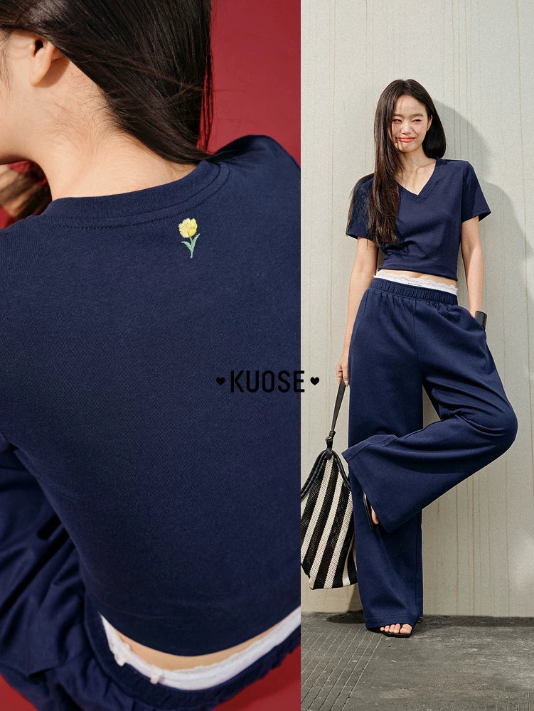 Kuose Crew Neck Embroidered Short Knitted Tee
