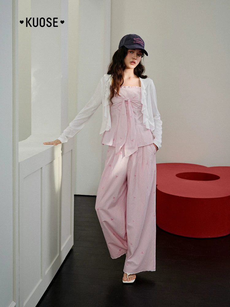 Kuose Striped Suspender Casual Pants Two-piece Set