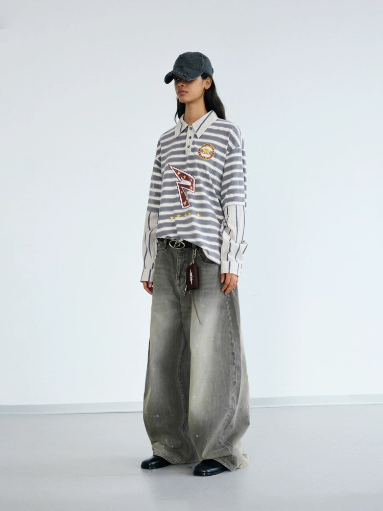 PEOPLESENSE Striped Fake Two-piece Splicing POLO Collar Long Sleeve