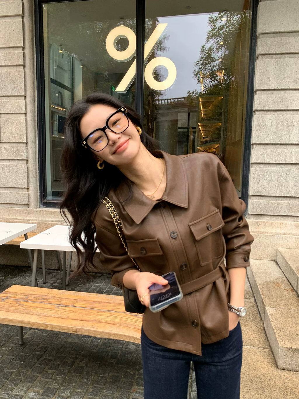 Pusumede Pu Leather Lapel Waist Jacket