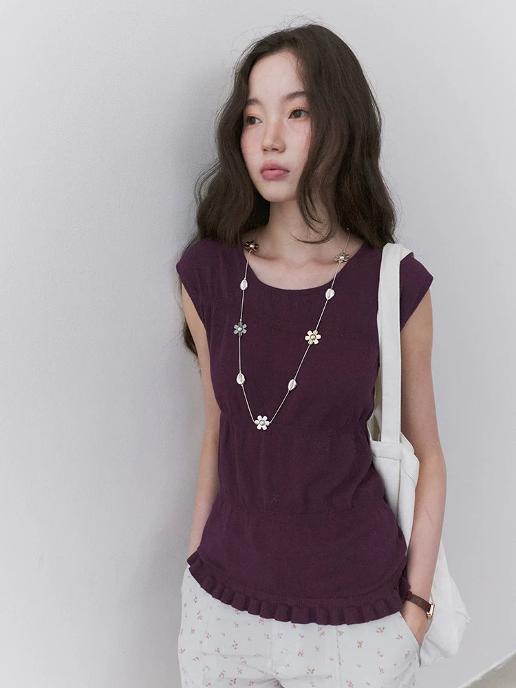 VOOE Round Neck Broken Pleated Knitted Slim and Thin Tee