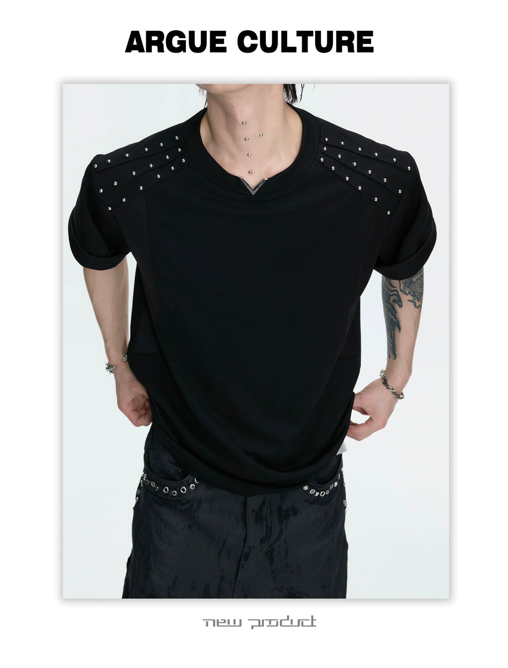 ArguECulturE Rivet Splicing Front Shoulder V-neck Tee