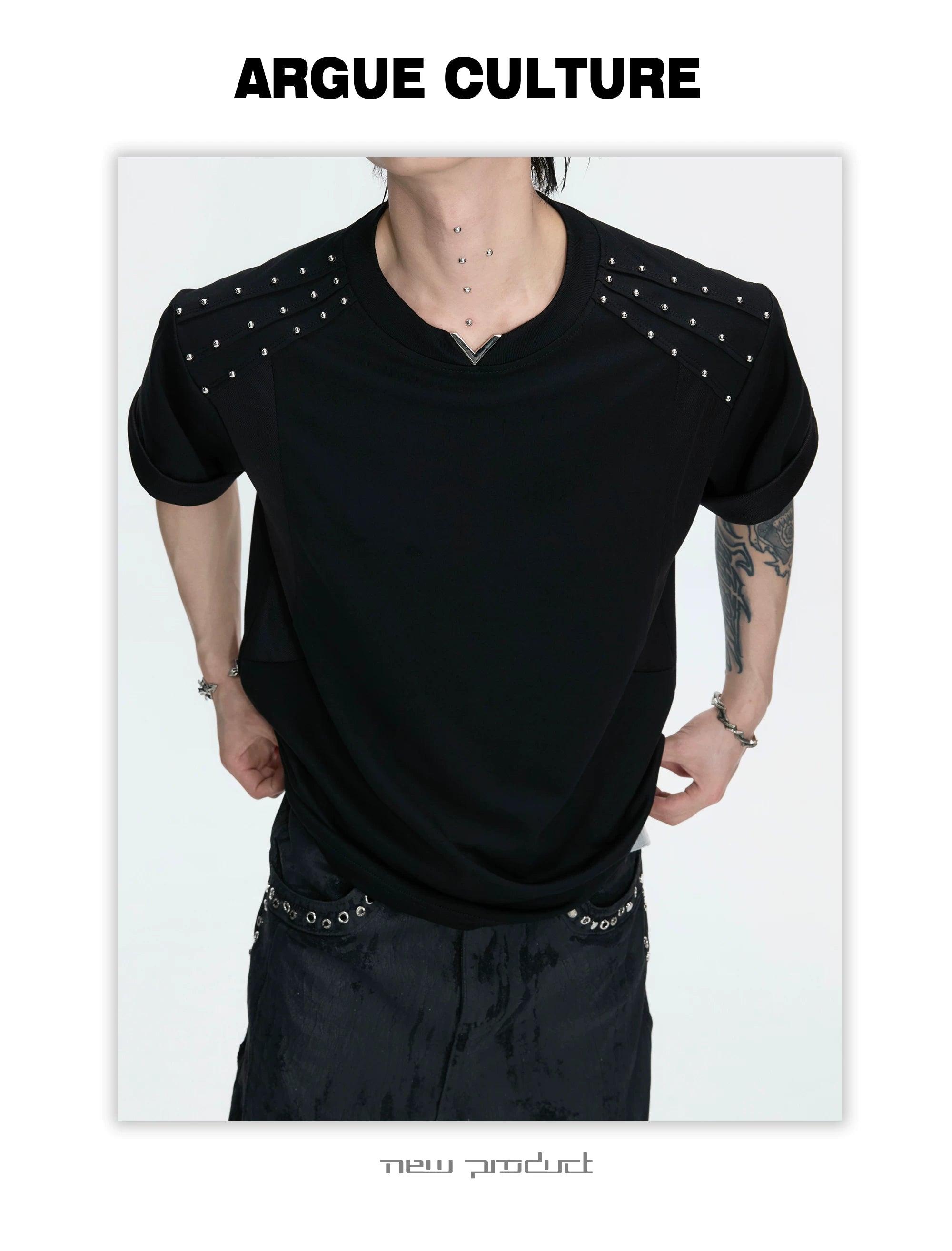 ArguECulturE Rivet Splicing Front Shoulder V-neck Tee