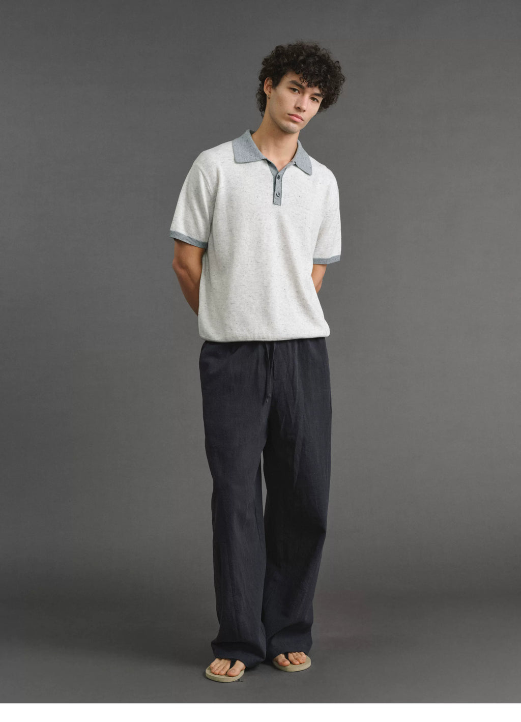 VLABMADE | Italian Old Money Contrast-Trim Polo Collar Wool-Linen Blend Knit Short Sleeve Top